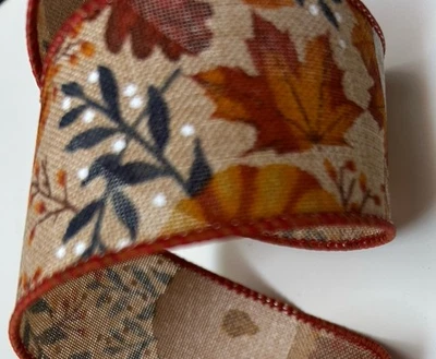 10YD 1.5”w Fall Print Ribbon Beige Linen White Navy Blue Pumpkins Cotton Wired - Image 1 of 4