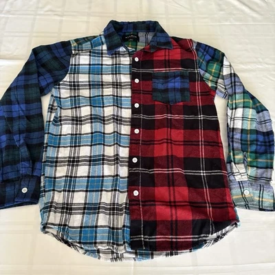 Camisa de franela PacSun para hombre multicolor bloque mezclado a cuadros manga larga botón pequeña Foto 1 de 4