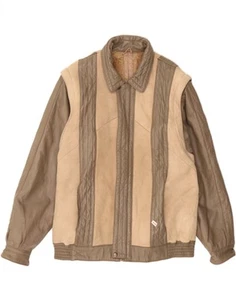 VINTAGE Mens Bomber Leather Jacket IT 52 XL Beige Striped Leather KM10 - Picture 1 of 3