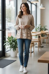 Túnica mujer con lentejuelas festiva, fiesta, boda, color caqui talla 38 - Imagen 1 de 5