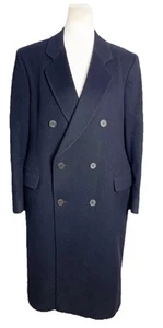 VTG YSL Yves Saint Laurent Mens Wool Double Breasted Long Overcoat Navy Blue M/L - Picture 1 of 6