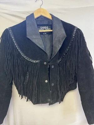 Chaqueta de cuero vintage negra de gamuza con flecos L Western Boho vaquera caprichosa Foto 1 de 4