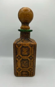 Leather Wrapped Decanter Hand Tooled Fleur De Lis Green Glass Square Base W/ Lid - Picture 1 of 6
