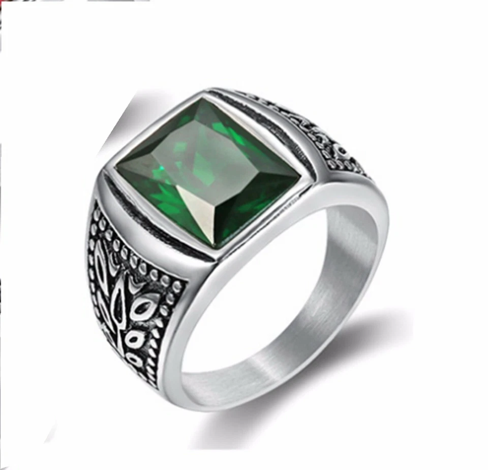 Anillo de acero inoxidable plateado hoja de piedra de circón cúbico negro rectangular para hombre 8-12 Foto 1 de 1