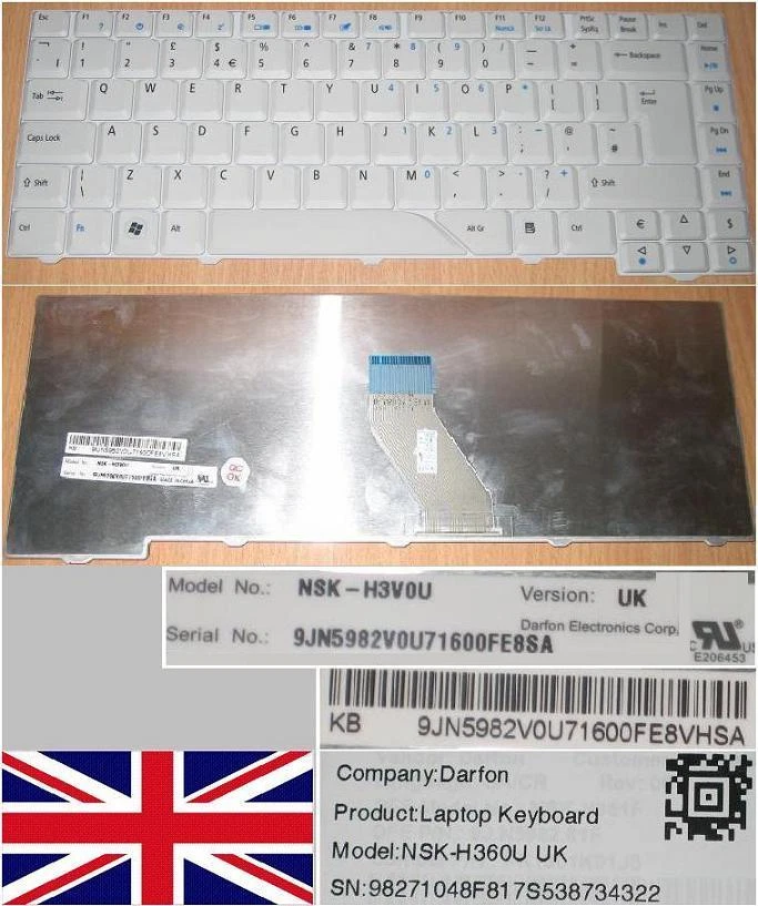 Tastiera qwerty UK Acer 4710 NSK-H360U NSK-H3V0U 9J.N5982.V0U 98271048F81 Bianco - Immagine 1 di 1