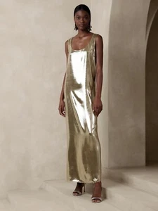BANANA REPUBLIC Maxime Maxi Abito Metallizzato L Large | Lamina Argento #808125 NUOVO - Foto 1 di 4