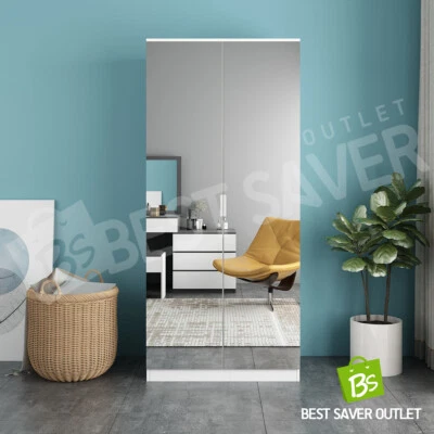 Mirrored Wardrobe Organiser Bedroom Storage Clothes Closet Cabinet 2 Doors White - image 1 of 4