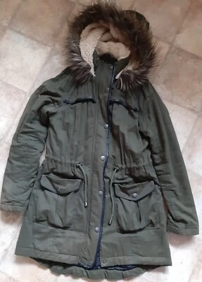 ATMOSPHERE Green Khaki PARKA WINTER COAT Fur Lined HOOD Lined Size 6 - Image 1 of 3