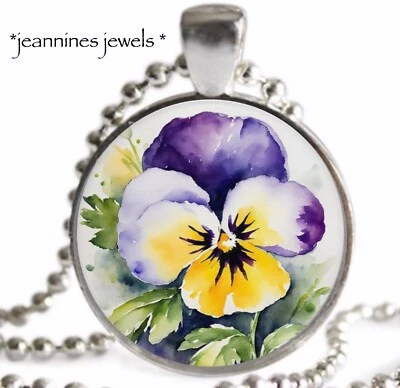 COLLAR Flor Pensamiento Acuarela Arte Botánico Impresión Plata Dije Colgante Foto 1 de 4