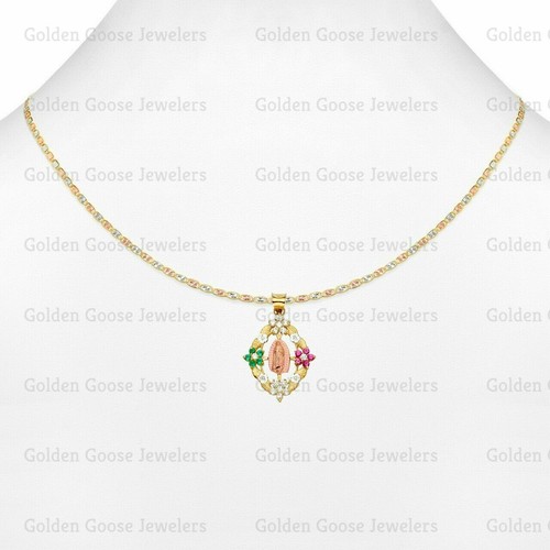 Ciondolo Medaglia Signora di Guadalupe Oro 14KT Tricolore Zirconi Catena Valentino