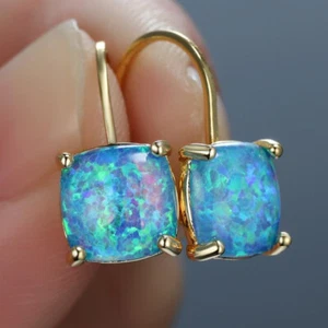 New Rectangle Blue White Fire Opal Gems 18K Gold 925 Silver Hook Drop Earrings - Picture 1 of 9