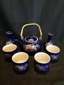 Vintage Kutani japanisches Teeset, kobaltblau, Blumen im Wagen, goldene Akzente - Bild 1 von 19