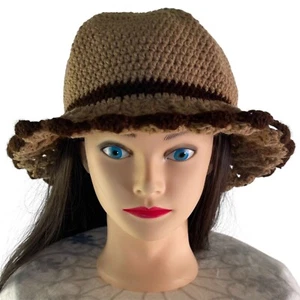 Gehäkelter Fischerhut Retro Cloche-Stil hellbraun und braun Handarbeit Erwachsenengröße neu - Bild 1 von 5