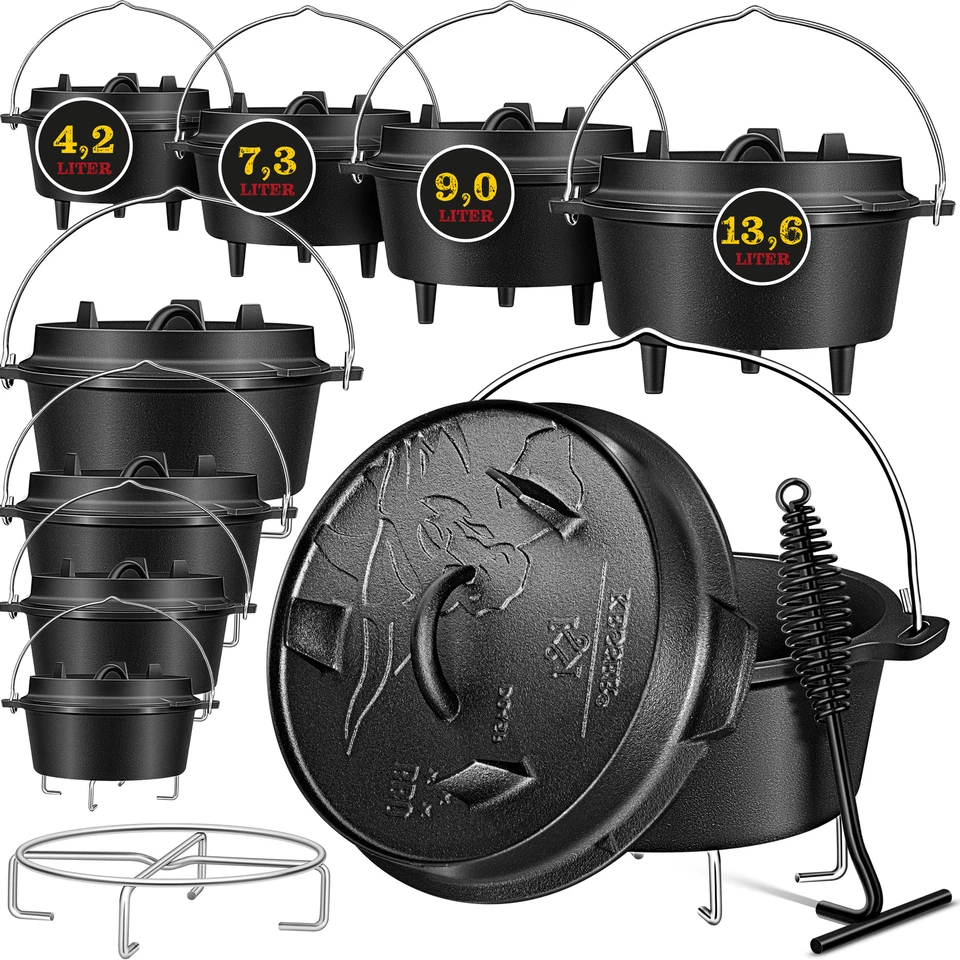 KESSER® Dutch Oven Set mit Deckelheber BBQ Feuertopf Schmortopf, Gusseisen Topf - Bild 1 von 1