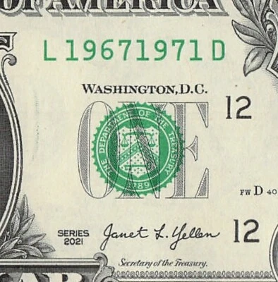 1967 1971 Tombstone Date Note Fancy Serial Number One Dollar Bill Crisp UNC - Image 1 of 4