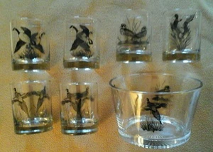 PHEASANT DUCK GLASS ICE BUCKET SET W/ 6 GLASSES  - Picture 1 of 4