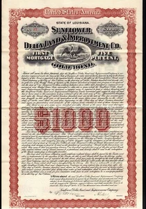 LOUISIANA: Sunflower Delta Land & Improvement Co USD 1.000 Gold Bond 1906 - Imagen 1 de 2