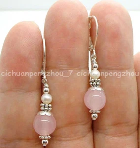 Natural 6-7mm White Pearl 10mm Pink Rose Quartz Round Beads Dangle Earrings - Picture 1 of 3