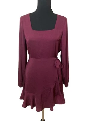 New Express Burgundy Long Sleeve Square Neck Faux Wrap Ruffle Hem Dress Size S - Image 1 of 4