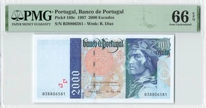 PORTUGAL 2000 Escudos 1997, P-189c, PMG 66 EPQ Gem UNC, Popular Pre-Euro Note - Picture 1 of 2