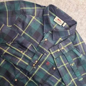 Fjallraven Fjallglim Shirt Men L Green Navy Tartan Plaid Outdoor Academia Preppy - Picture 1 of 10