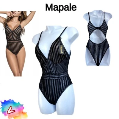 NWOT Mapale Womens Large Stripe Mesh Bodysuit 2591 Black - Image 1 of 4