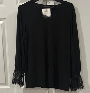 Susan Graver Occasions Liquid Knit Bracelet Sleeve Lace Back Top Black Med - Picture 1 of 7