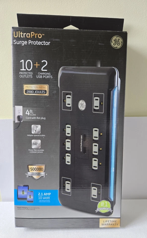 NEW GE Ultra Pro Surge Protector Charging 10 Outlets + 2 USB Ports 4 Ft Cord  - Image 1 of 2