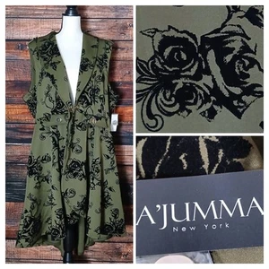 NWT A' JUMMA NY Plus 3X Long Hi Low Vest Dress Jacket Olive Green Velvet Floral - Picture 1 of 12