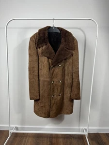 Vintage Brown Shearling Suede Coat Genuine Leather Double Breasted Fur Lined - Picture 1 of 12