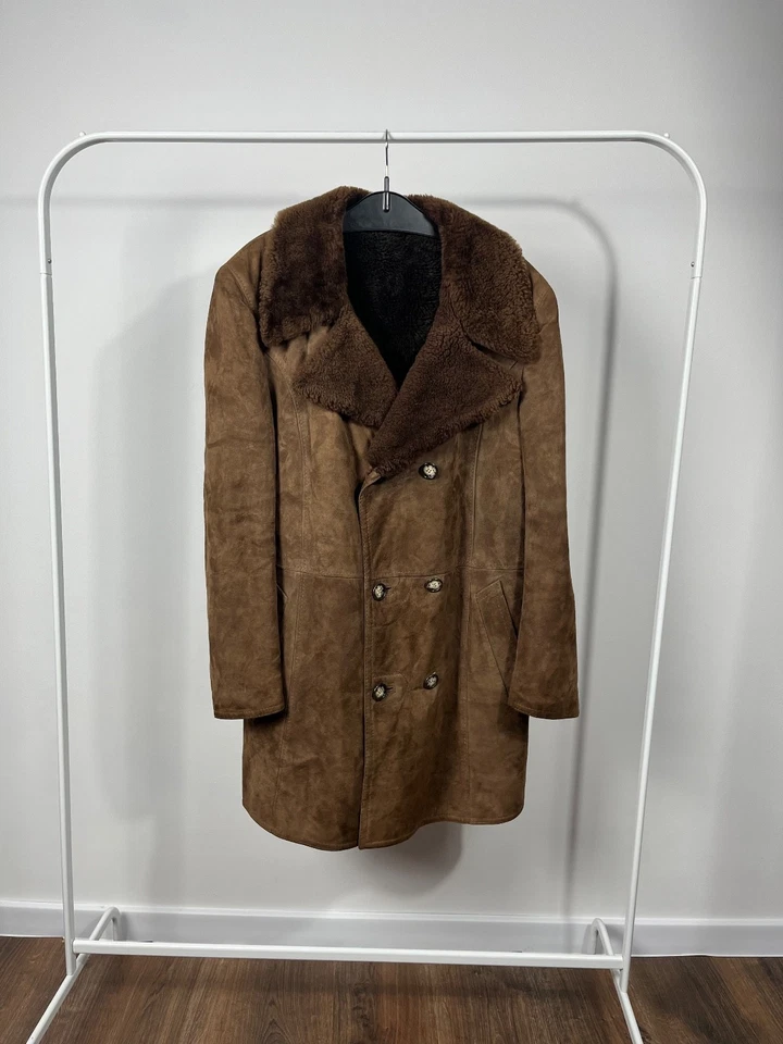 Vintage Brown Shearling Suede Coat Genuine Leather Double Breasted Fur Lined - Image 1 of 4