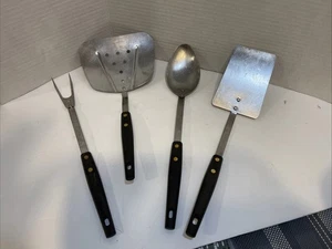 Vintage Spatula Lifter Wide Slotted Stainless Steel Wood Handle Set 1960's - Picture 1 of 8