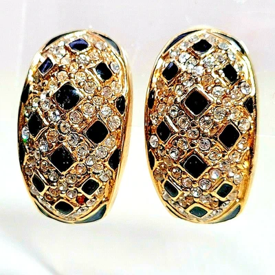 Pendientes Clip Vintage Pasarela Pavé Estrás Esmalte Negro Manchas Leopardo Tono Dorado Foto 1 de 4