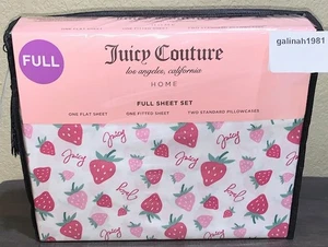 Juicy Couture FULL 4-piece sheet set White with Pink Strawberries & Logos - Picture 1 of 3