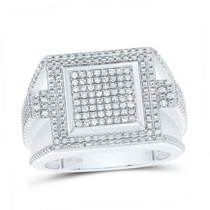 925 Sterling Silver Real Diamond Tiered Grooves Cluster Square Pinky Ring 3/8 CT - Picture 1 of 1