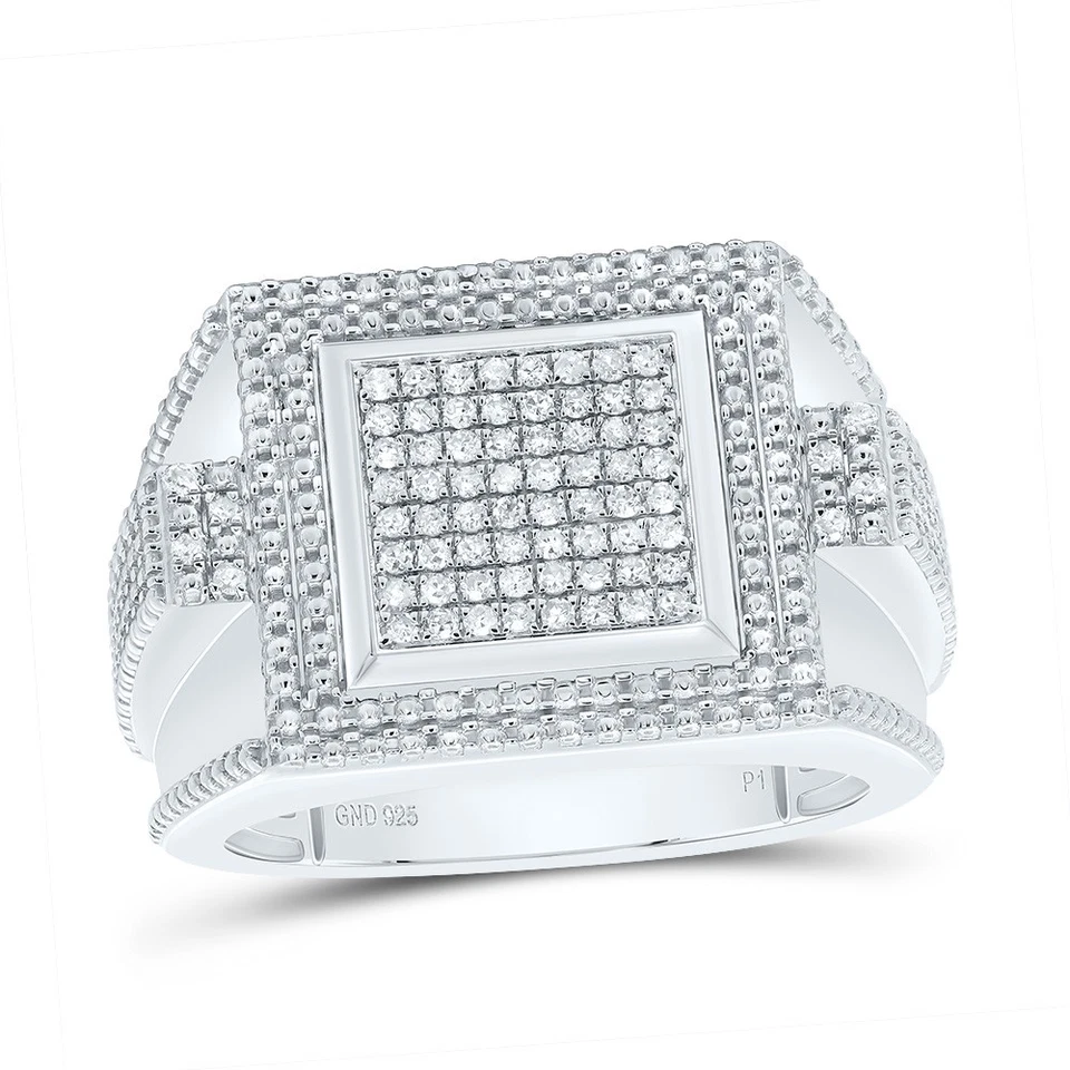 925 Sterling Silver Real Diamond Tiered Grooves Cluster Square Pinky Ring 3/8 CT - Image 1 of 1