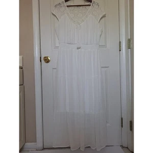 Luxology Women Long White Lack Smocked Waist Tier maxi Sleeveless V-neck Size 1X - Picture 1 of 11