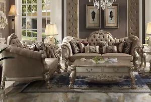 Traditional Living Room Set - Gold Wood Trim Sofa Loveseat in Bone Velvet IGAC - Picture 1 of 3