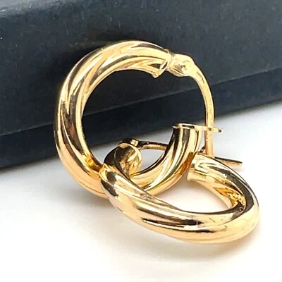 375 9ct Geniune Yellow Gold 10mm Twisted Hoop Pair Earring Womens Brand New - Image 1 of 4