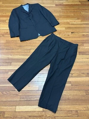 Haggar Enterprise Mens Suit Size 48L Blazer Jacket 40x29 Pants Black Pinstriped - Image 1 of 4