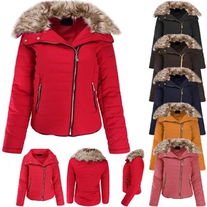 Women's Removable Faux Fur Collar Zip Up Puffer Jacket - Picture 1 of 37