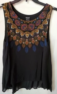 Desigual Womens Sleeveless viscose vented Tunic Top L Black & Gold Print  - Picture 1 of 11