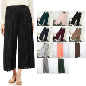 Women Wide Leg Trousers Harem Pleated Crinkle Flared Palazzo Plain Baggy Pants - Picture 1 of 21