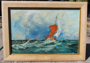 FINE 20"X30" VINTAGE MID CENTURY SIGNED SEASCAPE NAUTICAL SAILING OIL PAINTING - Picture 1 of 4