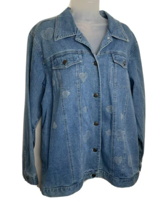 Vintage Quacker Factory Denim Jacket Medium Rhinestone Hearts Embellished Artsy - Image 1 of 4
