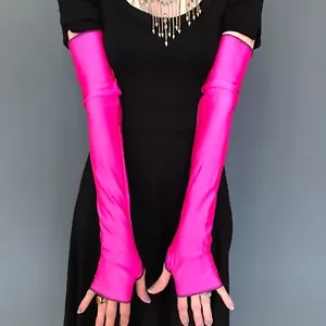 Long Pink Costume Gloves Arm Warmers Covers Shiny Spandex Sleeve Wetlook Cosplay - Picture 1 of 3