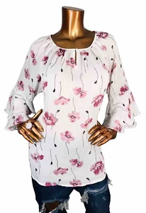 Chaps by Ralph Lauren XL Top Floral Sheer Shell Lite 1/2 Button Up Bluse BellSl - Bild 1 von 9