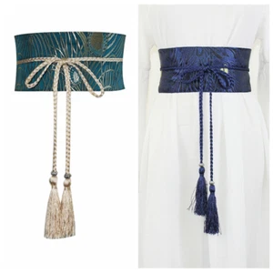 Tassel Women Brocade Corset Belt Waistband Wide Retro Japanese Obi Peacock - Picture 1 of 12