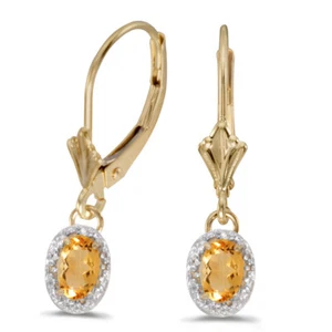 10k Yellow Gold Oval Citrine And Diamond Leverback Earrings - Picture 1 of 3