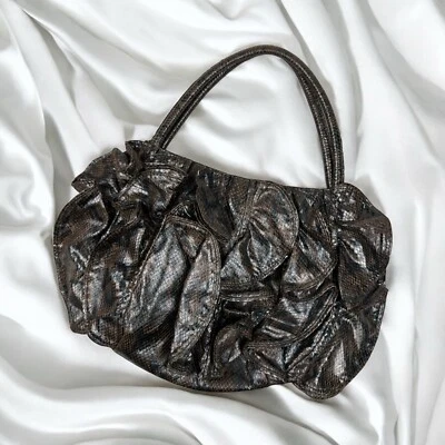 Dark Brown Faux Leather Shoulder Purse Bag Y2K Glam Ruffles Chic Classic Croc - Image 1 of 4
